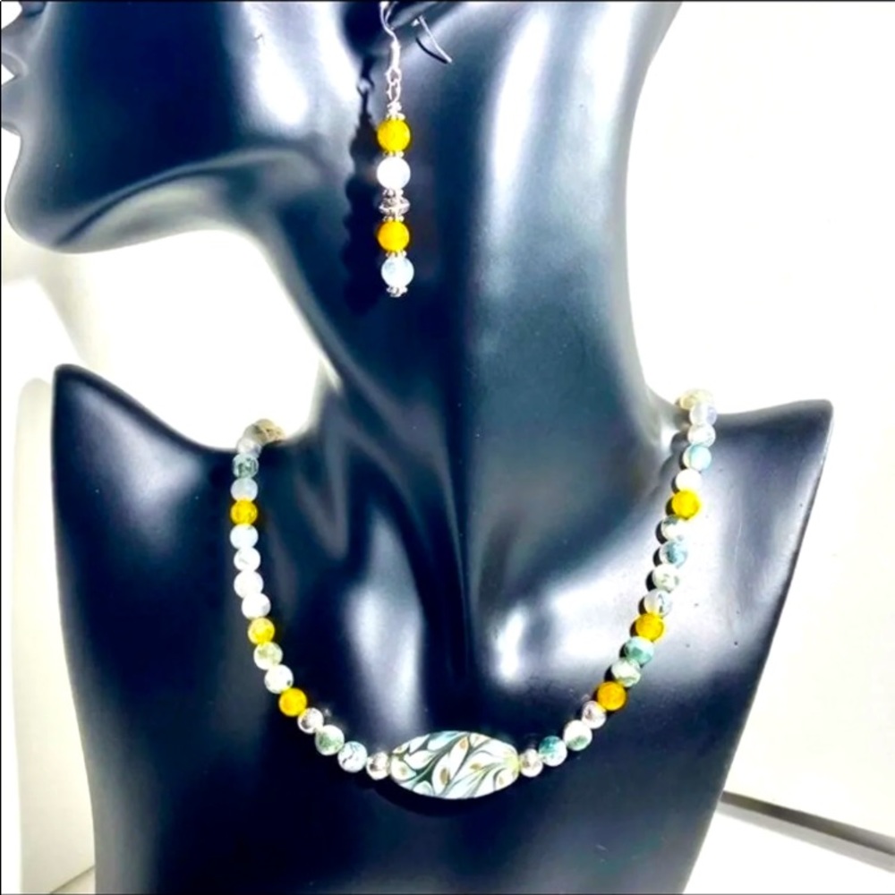 Semi precious stones with lamp work beads Necklace and earrings set #542